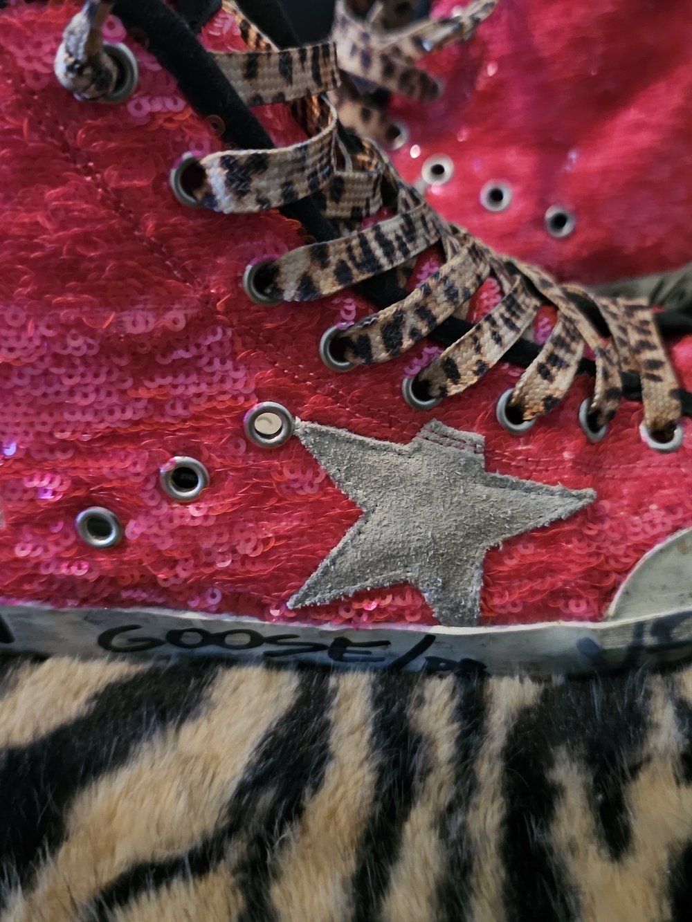 Golden Goose Pink Sequin Sneakers with Silver Star and Leopard Laces